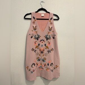By Together Boho Embroidered Floral Sleeveless Tunic Dress Pink M